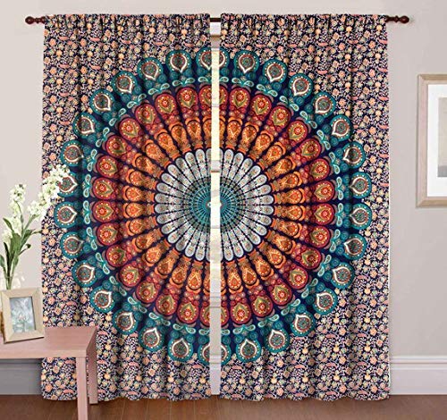Popular Handicrafts Indian Hippie Bohemian Beautiful Peacock Mandala Curtain Panels Room Divider Blue Popular Handicrafts