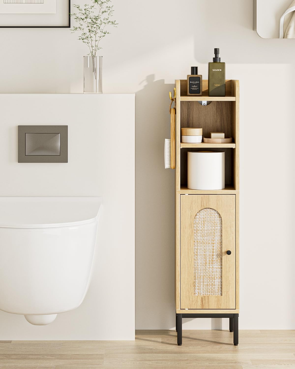 AEPOALUA Bathroom Storage Cabinet, Small Corner Floor Hutch with 2Hooks,Narrow Toilet Paper Cabinet with Rattan Door,Bathroom Organizer with Adjustable Shelf, for Small Spaces,Oak AEPOALUA