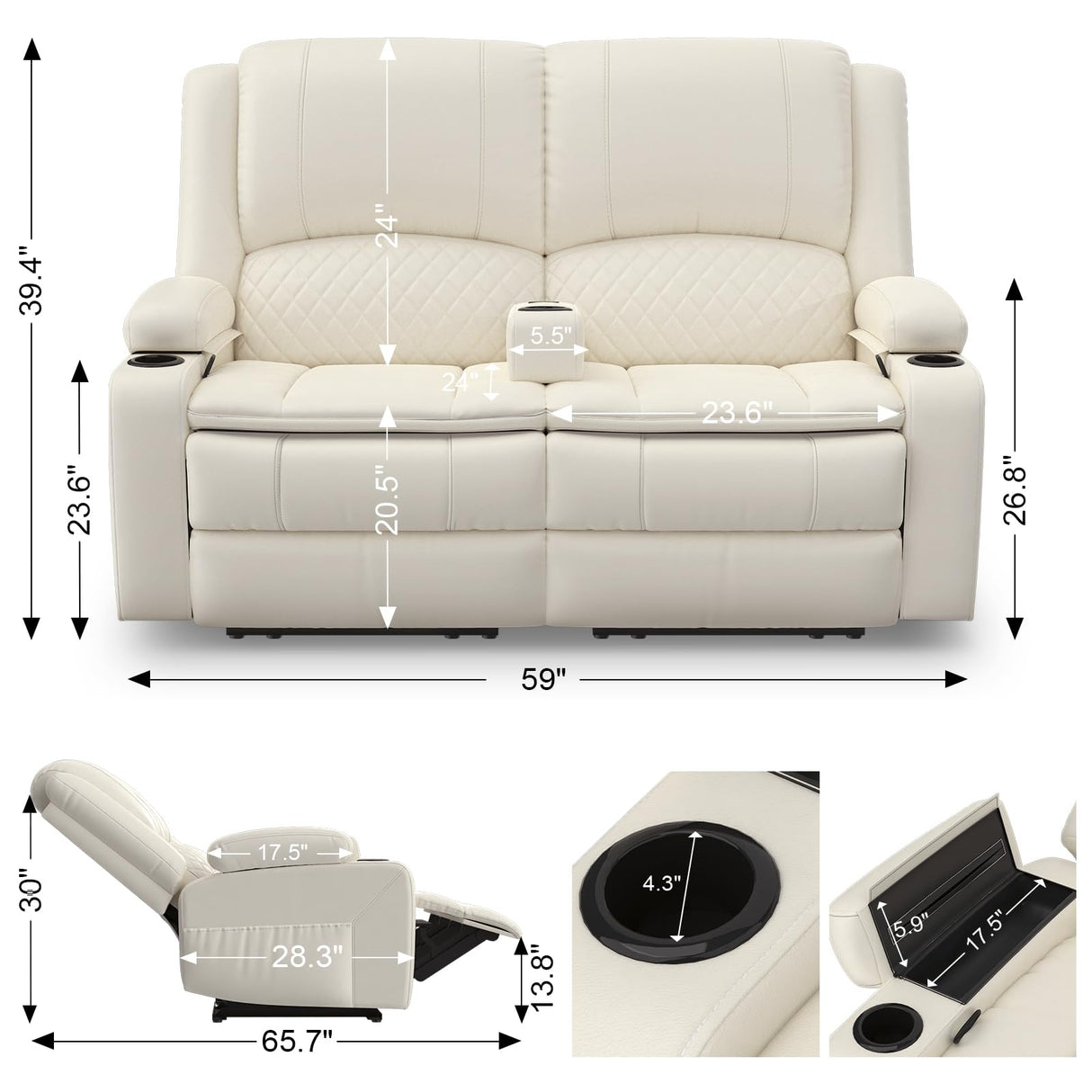 Yolsali Loveseat Recliner Sofa, Manual Reclining Loveseat with Removable Armrest, PU Leather Double Recliner for RV with 2-Tier Cushions, USB Charging Ports, Cup Holders - Ivory White, PU Yolsali