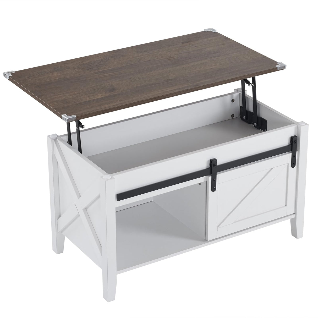 VINGLI White Oak Lift Top Coffee Table, 36" Small Farmhouse Barn Door Coffee Table with Storage, Rectangular Center Wood Coffe Table with Lifting Top,Lift Up Living Room Tables with Hidden Compartment VINGLI