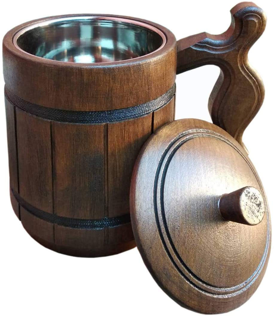 Etno Motif Handmade Wooden Beer Mug with Lid. Capacity: 20 oz (600ml). Wooden Beer Mug Eco Friendly - Wooden Beer Mug with Metal Insert - Great Gift for Dad on His Special Day! Etno Motif