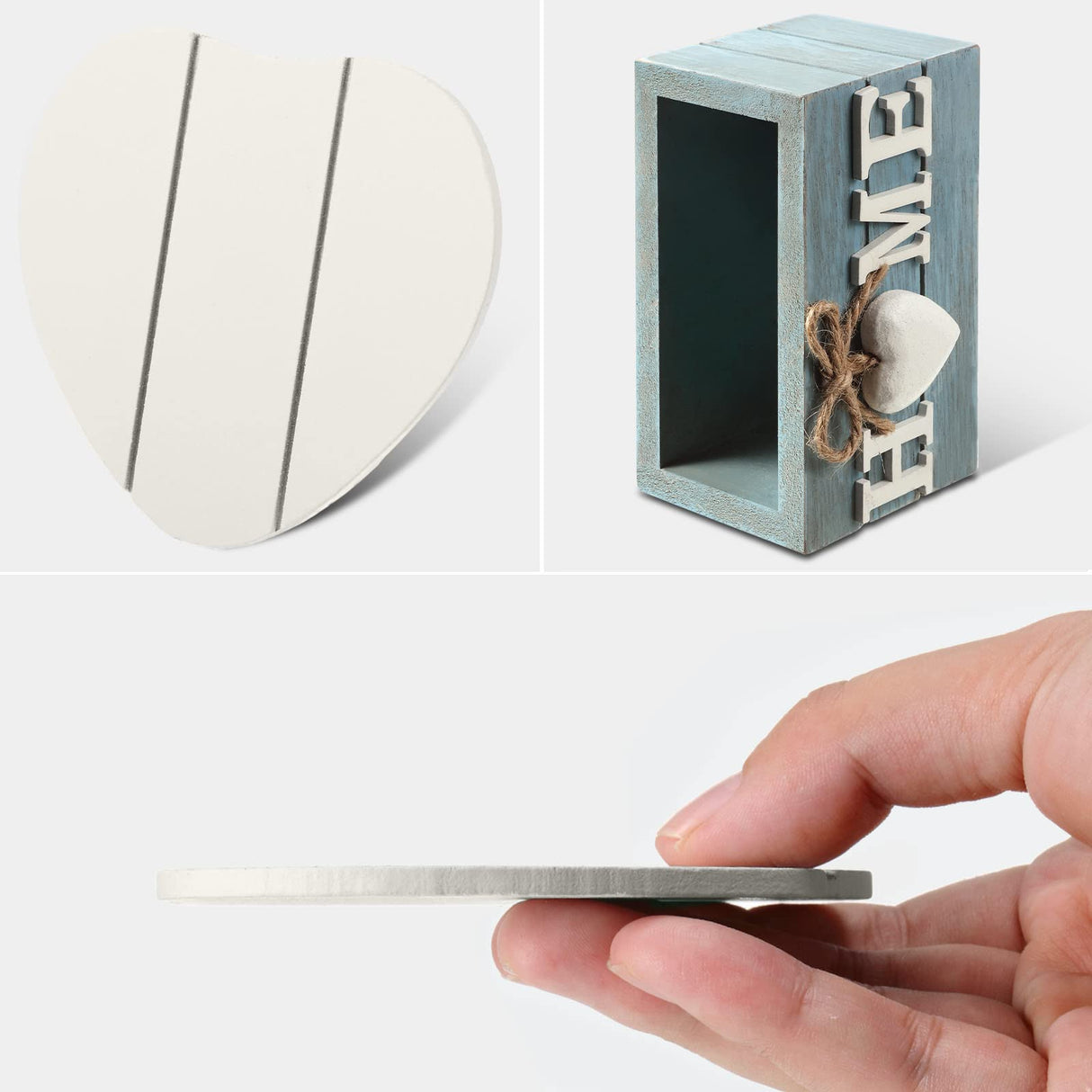 Coasters for Drinks, Wooden Heart Coasters Set of 6 Farmhouse Coasters with Holder Funny Coasters for Coffee Table Protection Housewarming Gifts for New Home Decoration, 4 Inch (Home, Blue) Patelai