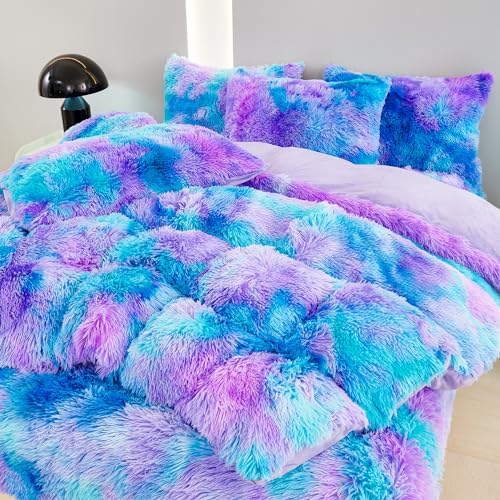 SUCSES Blue Purple Fluffy Twin Bedding Sets for Girls 3Pcs Faux Fur Plush Shaggy Kids Duvet Cover Set Twin Size Tie Dye Velvet Furry Comforter Cover Set SUCSES