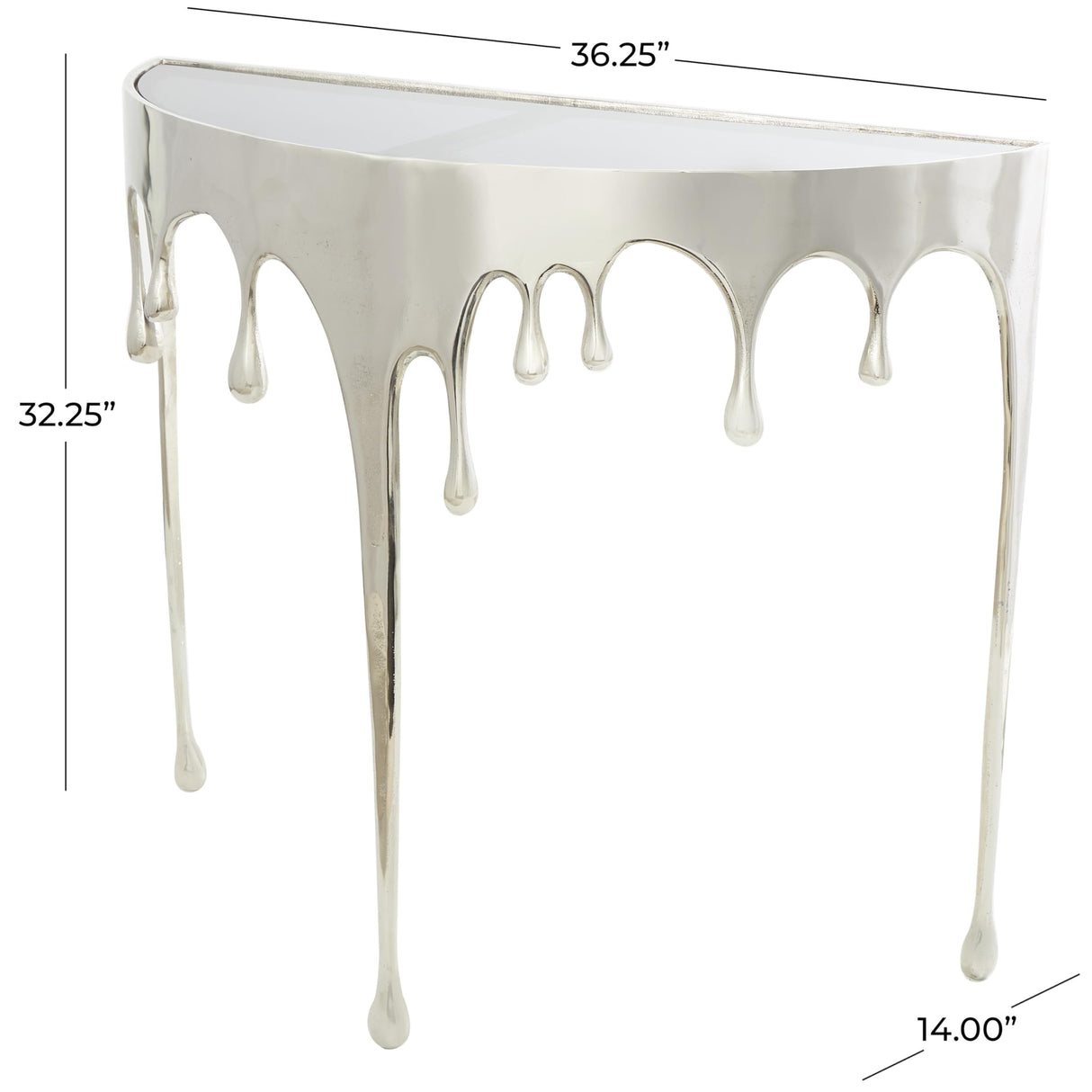Deco 79 Aluminum Metal Abstract Console Table Drip with Melting Designed Legs and Black Glass Top, 36" x 14" x 32", Silver Deco 79