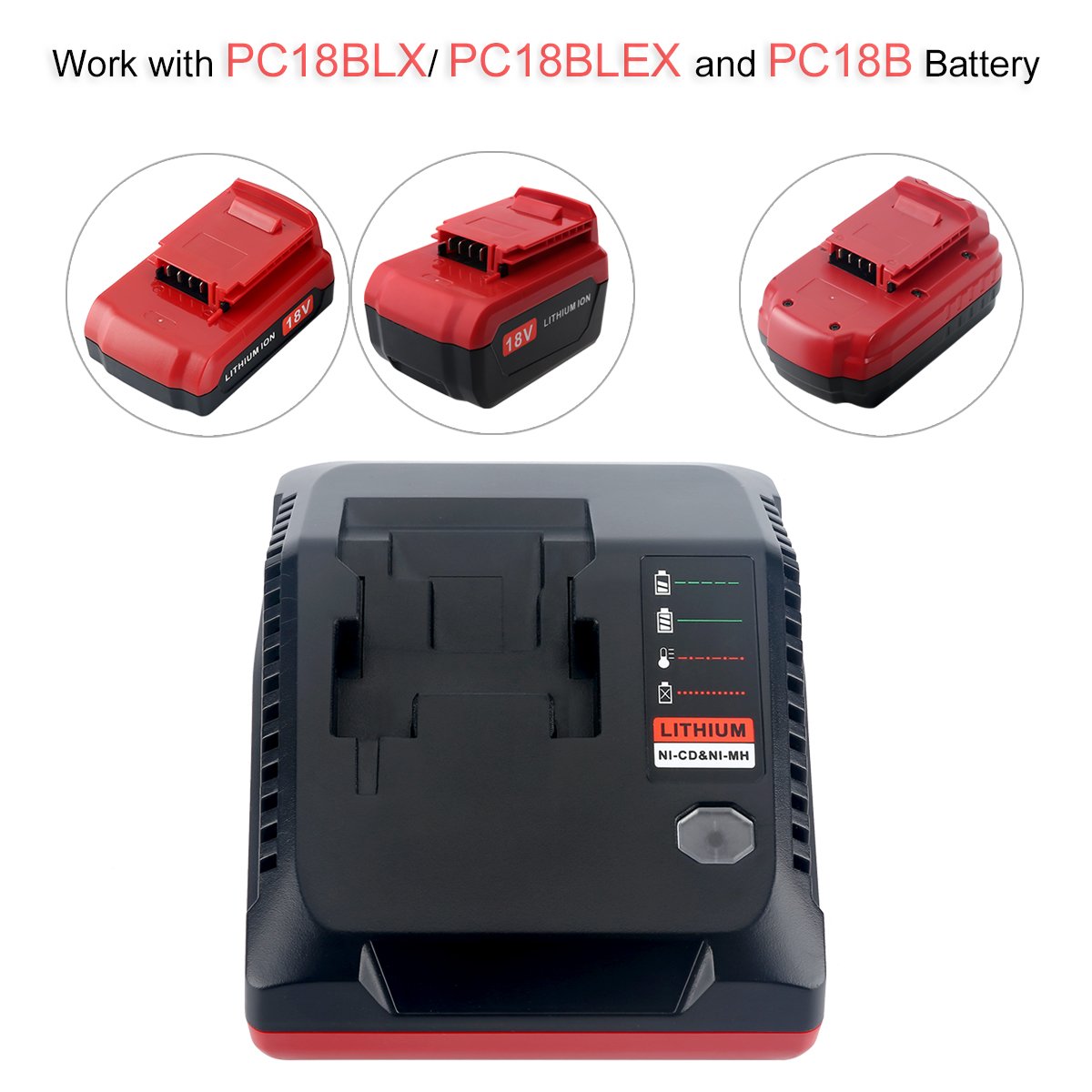 Biswaye PCXMVC 18V 3.0 A Fast Charger Compatible with Porter-Cable 18V Lithium & NiCad NiMh Battery PC18B PC18BLEX PCC489N PC18BL PC18BLX, Compatible with Porter Cable 18V Battery Charger Biswaye
