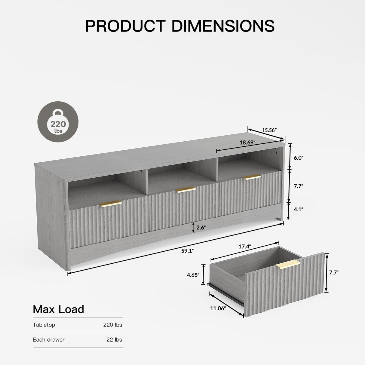 Amada TV Stand for 50-65" TV, Fluted Modern TV Stand Entertainment Center with Drawers and Open Shelf, Waveform Panel, Sleek Curved Profile Media TV Console Table for Living Room, Bedroom, Grey AMADA HOMEFURNISHING