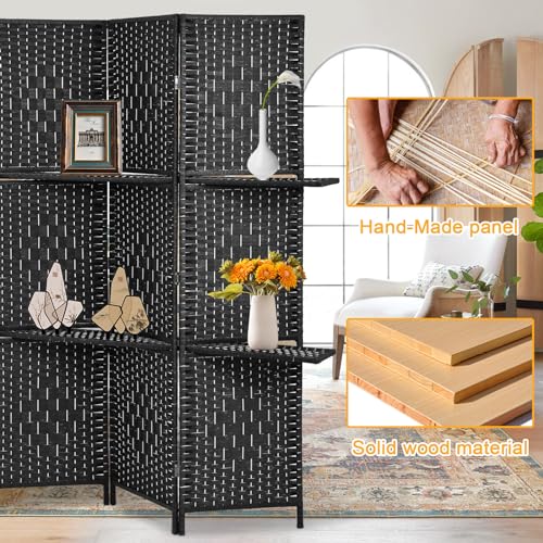 Room Divider Folding Portable Privacy Wooden Screen 4 Panel Partition Wall Indoor/Outdoor Folding Screen w/Dual-Sided Hinges & 2 Removable Display Shelves for Home Office, Black Dkeli