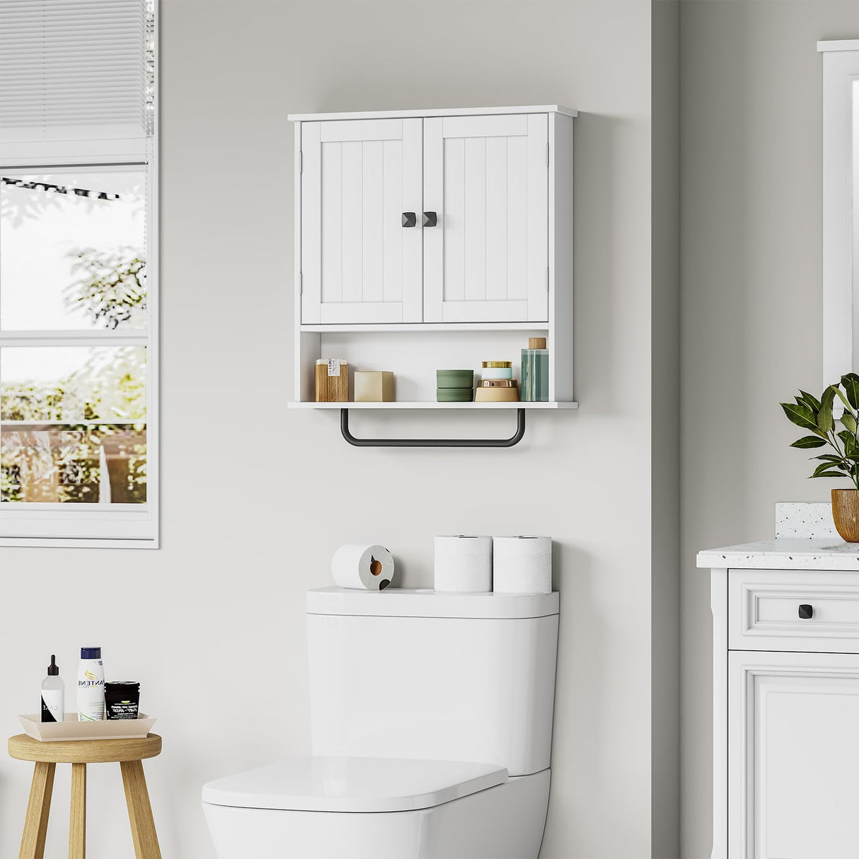 RRX Bathroom Cabinet Wall Mounted Medicine Cabinets with Towels Bar, Over The Toilet Storage Cabinet with 2 Doors and Adjustable Shelf, White Wall Cabinet for Bathroom Laundry Kitchen RRX