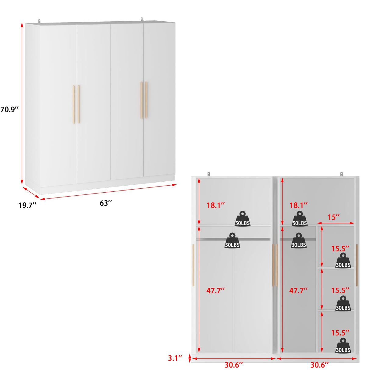 FUNISIR 4 Doors Bedroom Wardrobe, Wood Armoire with 2 Clothes Hanging Rails, 4 Storage Shelves and 2 Drawers, 63“ Wide Bedroom Storage Unit Clothes Organized Closet, White(70.9" H) FUNISIR