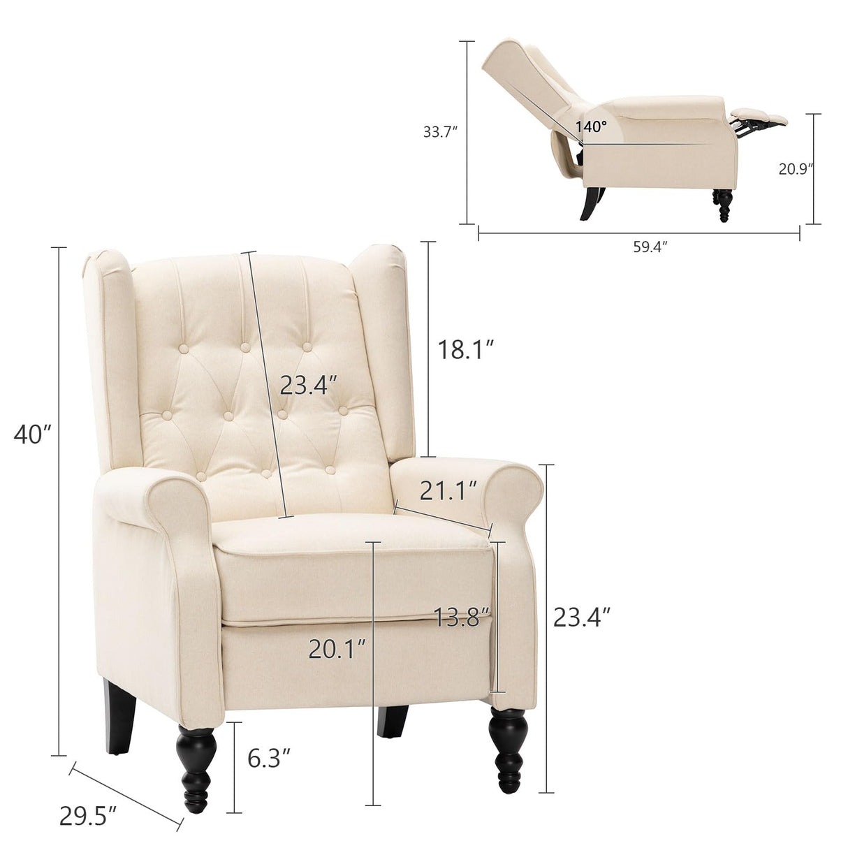 TXIWVER Recliner Wingback Chair Modern Linen Fabric Push Back Recliner Chairs Linen Fabric Single Sofa Lounge Chair Manual Recliner Chai for Adults Living Room Bedroom (Beige) TXIWVER