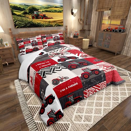 Erosebridal Kids Tractor Comforter Set for Boys Girls Red Cartoon Tractor Bedding Set Twin Farm Vehicle Truck Down Comforter Equipment Construction Duvet Insert Rustic Geometric Plaid Room Decor Erosebridal