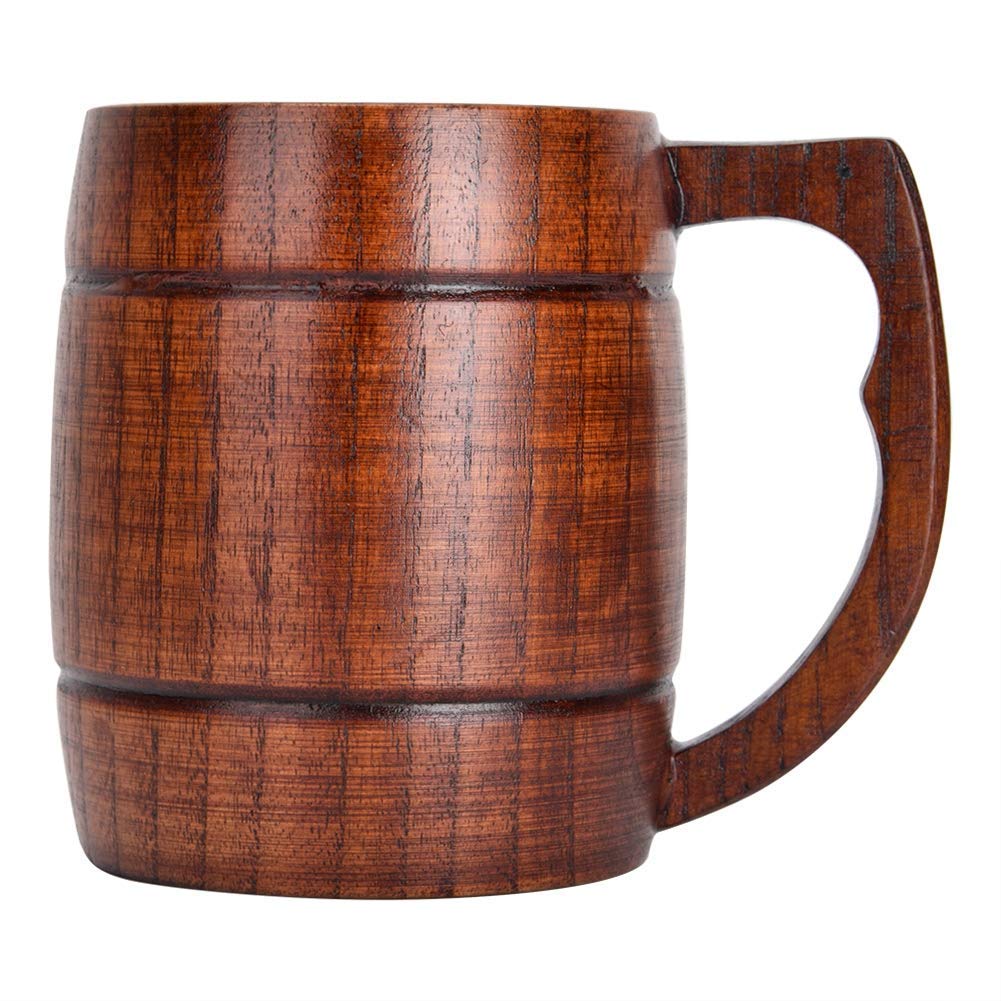 Wooden Beer Mug, Handmade Beer Mug 12oz (400 ml) Natural Solid Wood Drinking Cup Tea Cup for Beer, Coffee, Hot Drinks, Milk, Wine Wooden Tankard Gift Barrel HERCHR