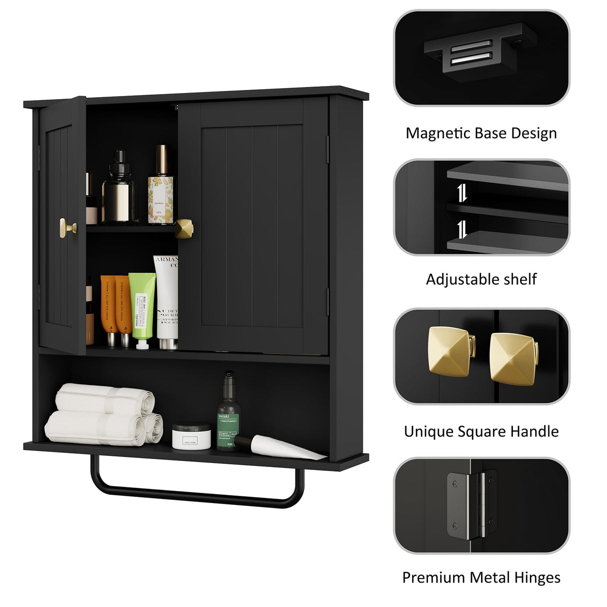 RRX Bathroom Cabinet Wall Mounted Medicine Cabinets with Towels Bar, Over The Toilet Storage Cabinet with 2 Doors and Adjustable Shelf, White Wall Cabinet for Bathroom Laundry Kitchen (Black) RRX