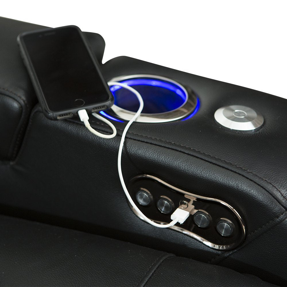Seatcraft Anthem Home Theater Seating - Italian Leather - Power Recline Sofa - Fold-Down Table - Powered Headrests - Arm Storage - USB Charging - Cup Holders, Black Seatcraft