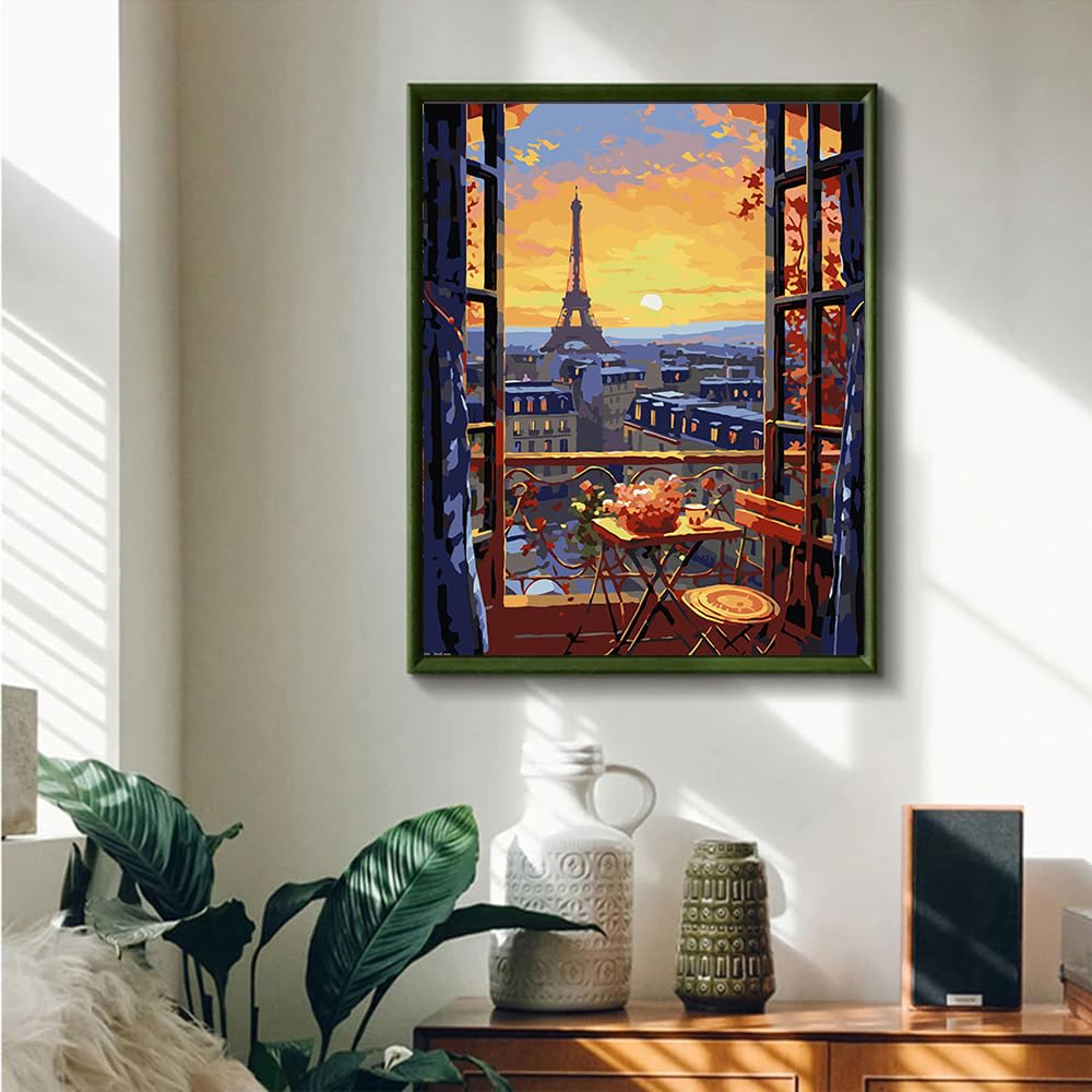 JUJUHOOD Romantic View Paris from Window Paint by Numbers Kit for Adults,Eiffel Tower Adult Paint by Number Kits,DIY Acrylic Paint by Number on Canvas for Home Wall Decor 16X20 Inch JUJUHOOD