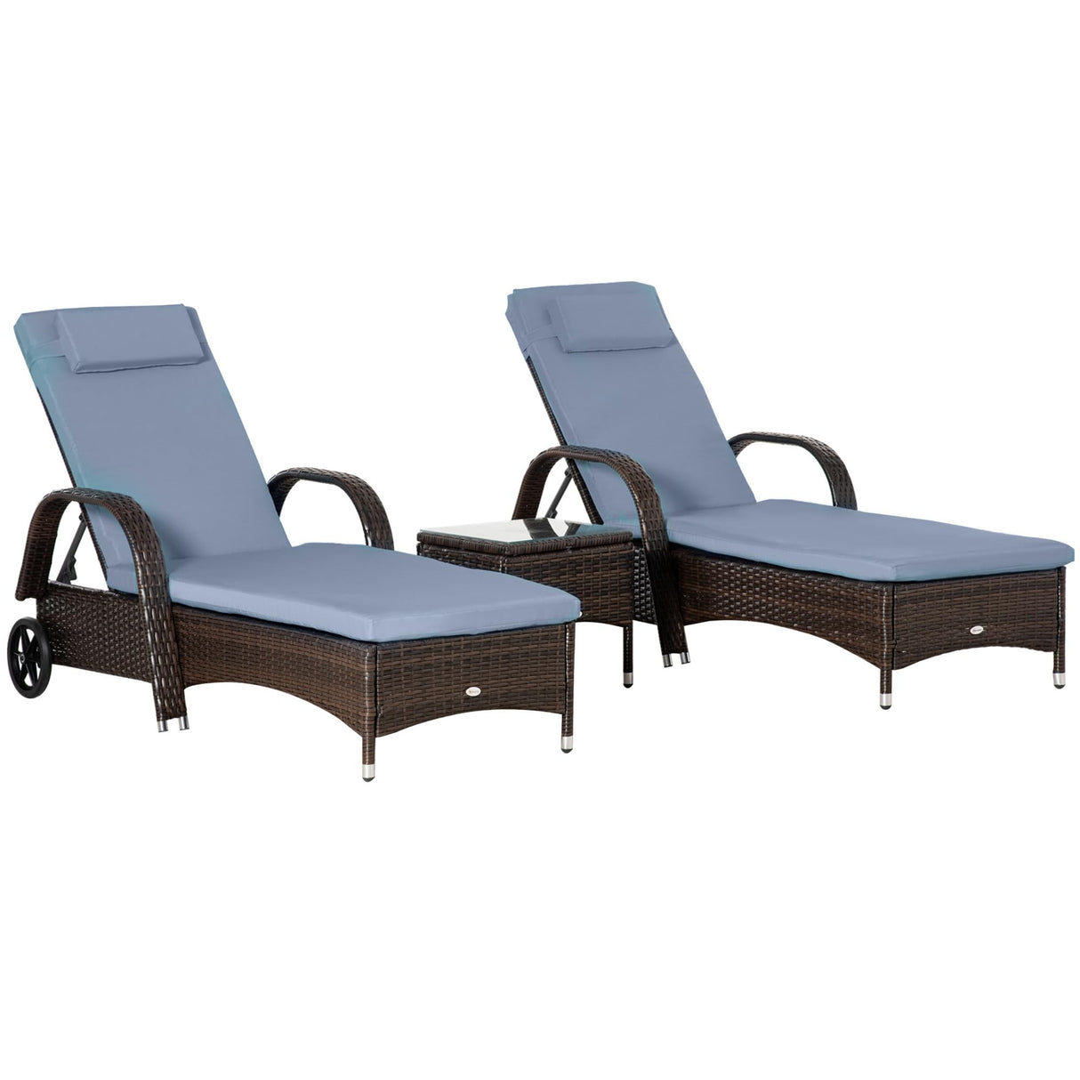 Outsunny Wicker Outdoor Chaise Lounge Set of 2, 5-Level Adjustable Backrest PE Rattan Pool Lounge Chair with Wheels, Cushion & Headrest, Brown and Gray Outsunny