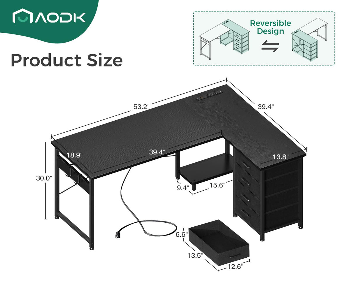 AODK L Shaped Gaming Desk with 4 Drawers, 53" Reversible Home Office Desks with Power Outlets, L Shaped Computer Desk with USB Charging Port and Host Stand, Corner Desk, Easy to Assemble, Black AODK