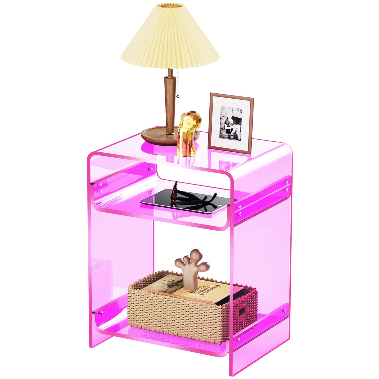 Acrylic End Table Record Player Table with Storage Shelf Clear Side Table Nightstand (15.7x19.7x11.8)(Pink) Acrylicolor