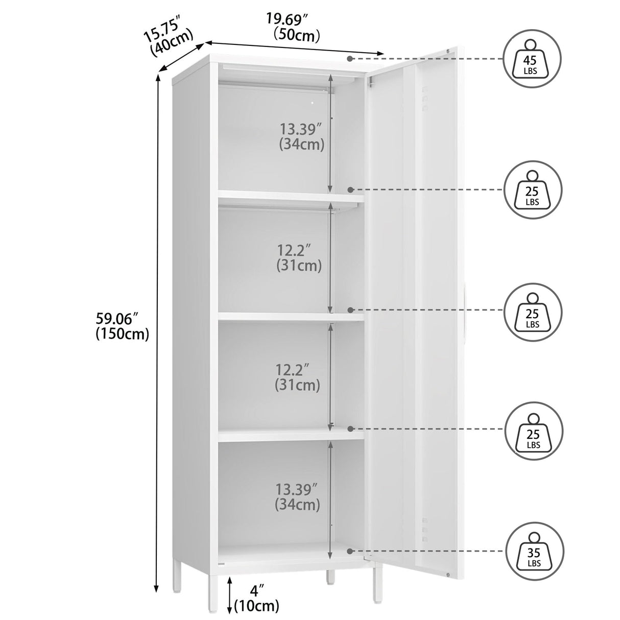 Steehoom Metal Storage Cabinet, Steel File Locker with 3 Shelves 59.06-inch high for School, Living Room, Bedroom, Office (White) Steehoom