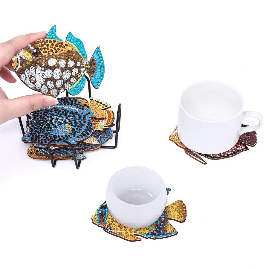 WFJ 10 Pcs Sea Fish Diamond Art Paintings Coasters Kits with Holder, Diamond Painting Coasters Set - Diamond Dots Craft WFJ