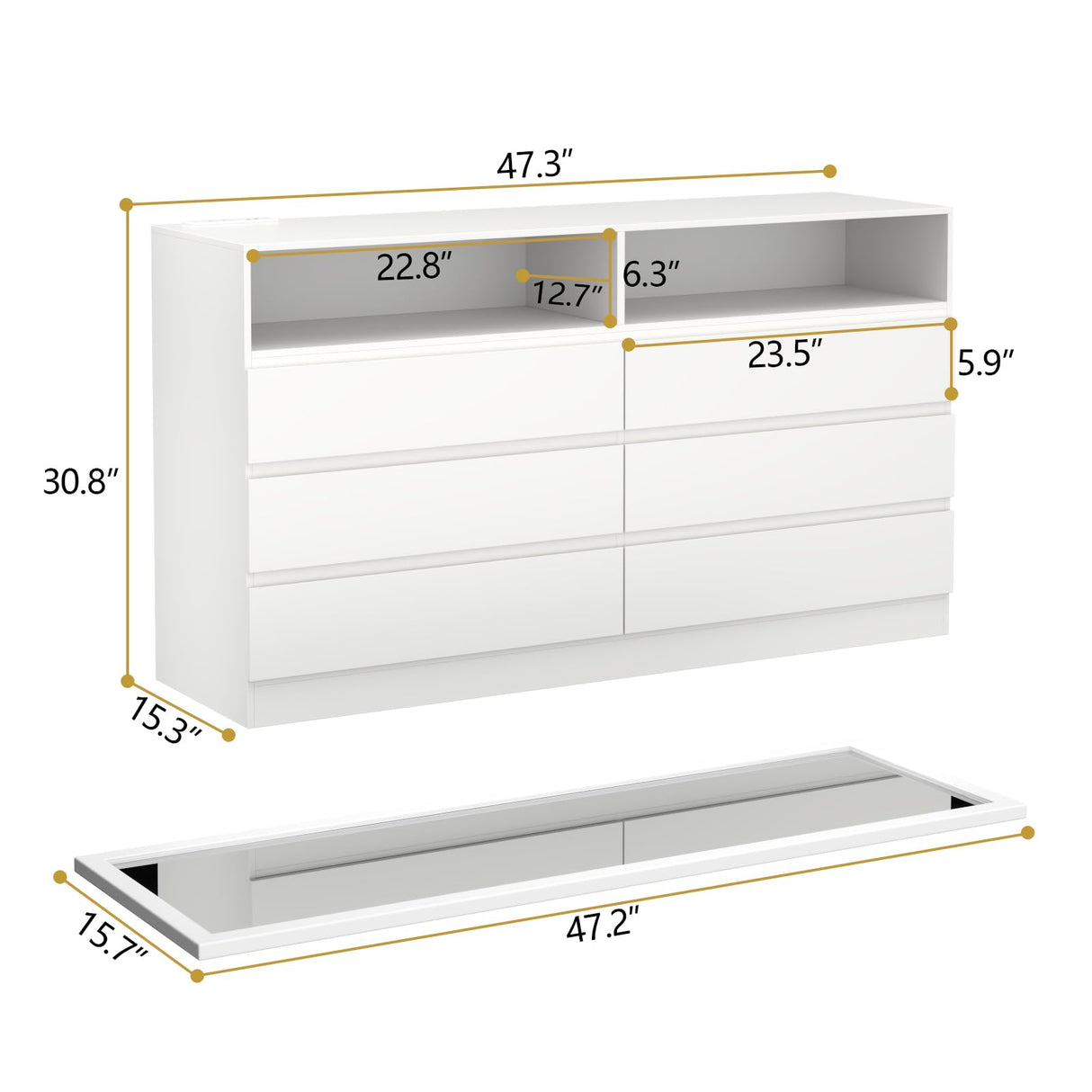 Gyfimoie Dresser for Bedroom with Full Length Mirror 48"x16", White Storage Cabinet with Power Outlet, 6 Drawer Dresser with LED Light, Modern Dressers with Charging Station(White) Gyfimoie