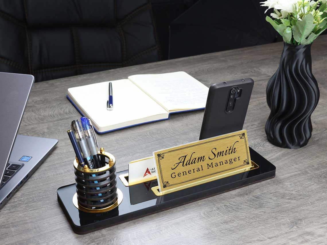 Personalized Luxury Desk Name Plate | Black Wooden Desk Name Plate with Pen and Card Holder, Custom Desk Accessories, Office Sign, Desk Sign Generic