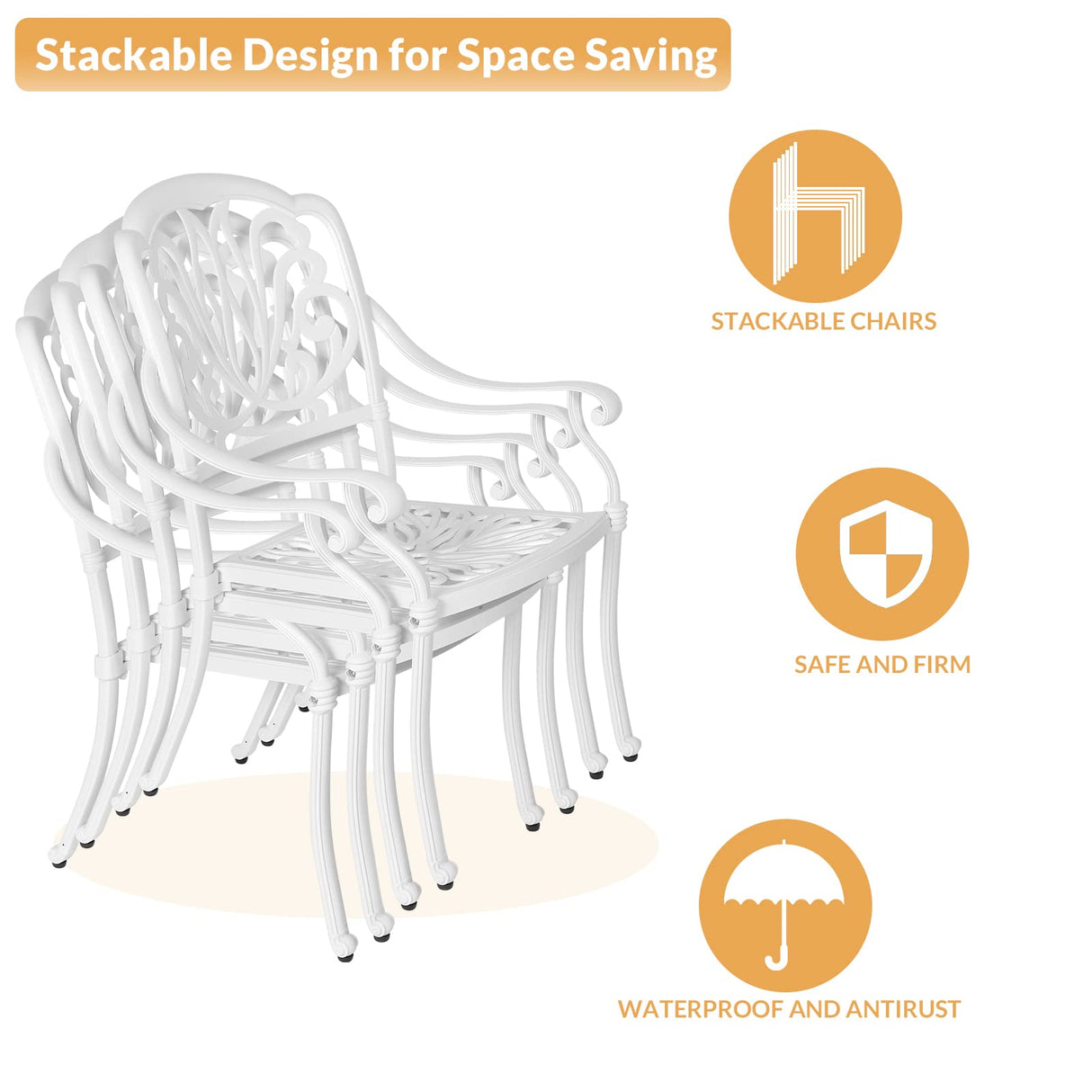 W WARMHOL 5-Piece Outdoor Patio Dining Set, All-Weather Cast Aluminum Patio Furniture Set for Backyard Garden Deck with 4 Chairs, 4 Cushions and 35.4” Round Table, 2.2" Umbrella Hole, White W WARMHOL