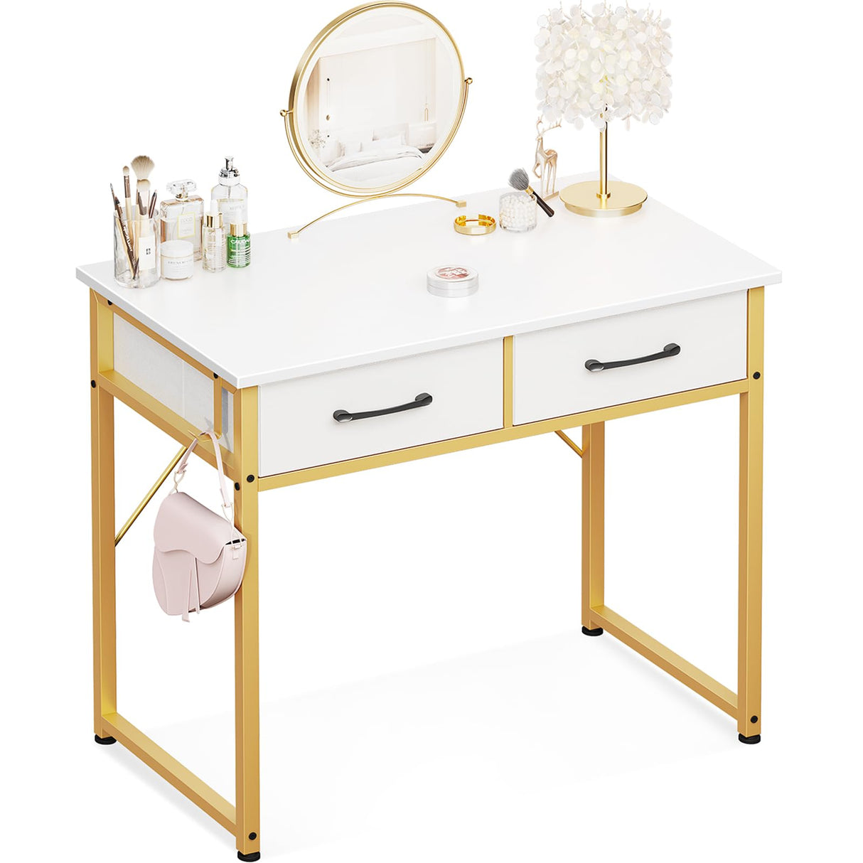ODK 32 Inch Vanity Desk with Fabric Drawers & Versatile Hook, Makeup Dressing Table with Storage, Home Office Desks for Bedroom, Modern Writing Desk for Small Spaces, White and Gold Leg (No Mirror) ODK
