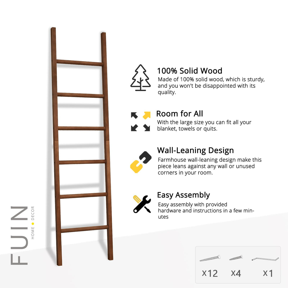 FUIN 6ft Wooden Brown Blanket Ladder Living Room Decorative Wall Leaning Farmhouse Quilt Display Holder Rustic Wood Towel Rack for Bathroom FUIN