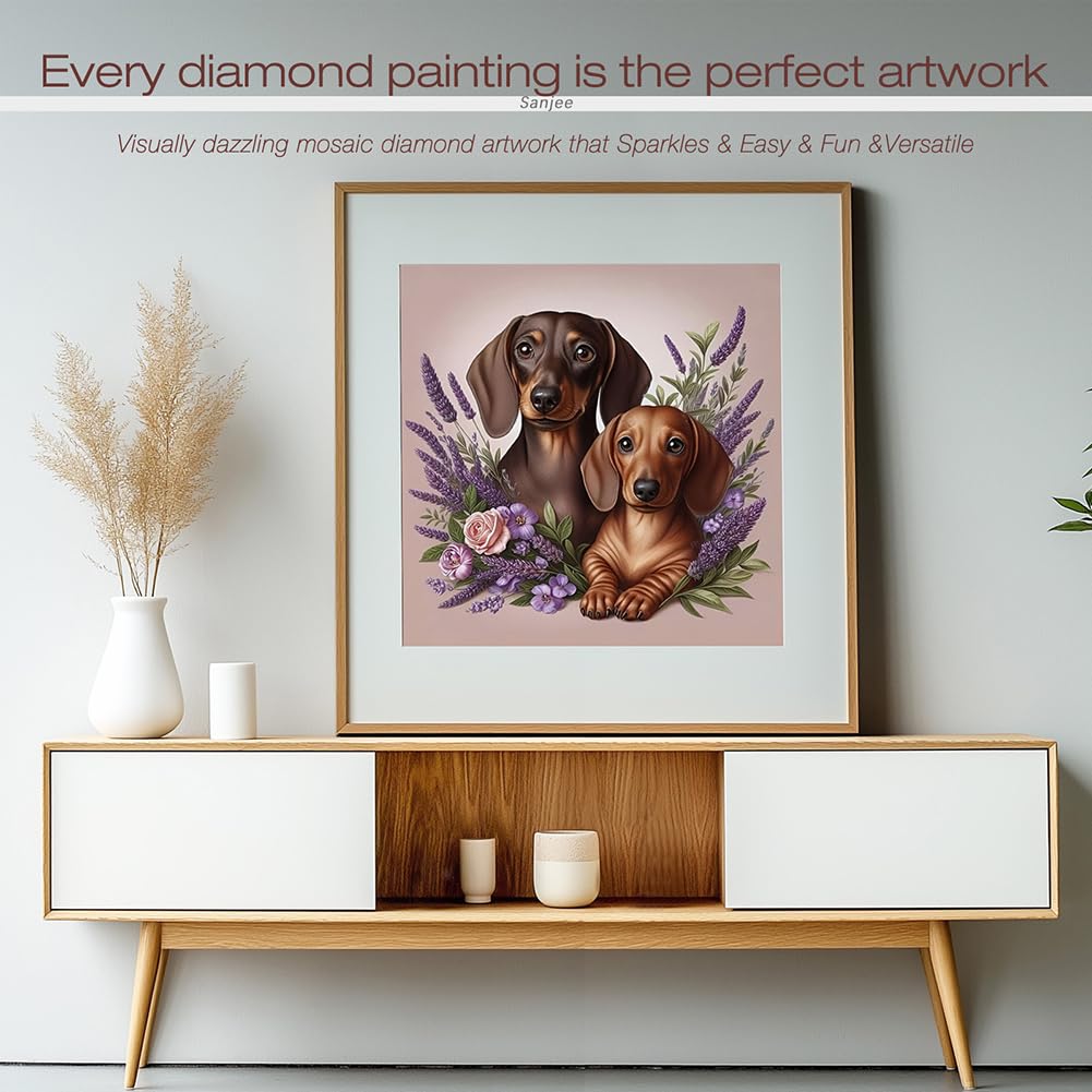 Sanjee Dogs Diamond Art Kits for Adults, Diamond Painting Kits for Beginner, 5D DIY Round Full Drill Gem Art Crafts for Home Wall Decor Gift, 12x12inch Sanjee
