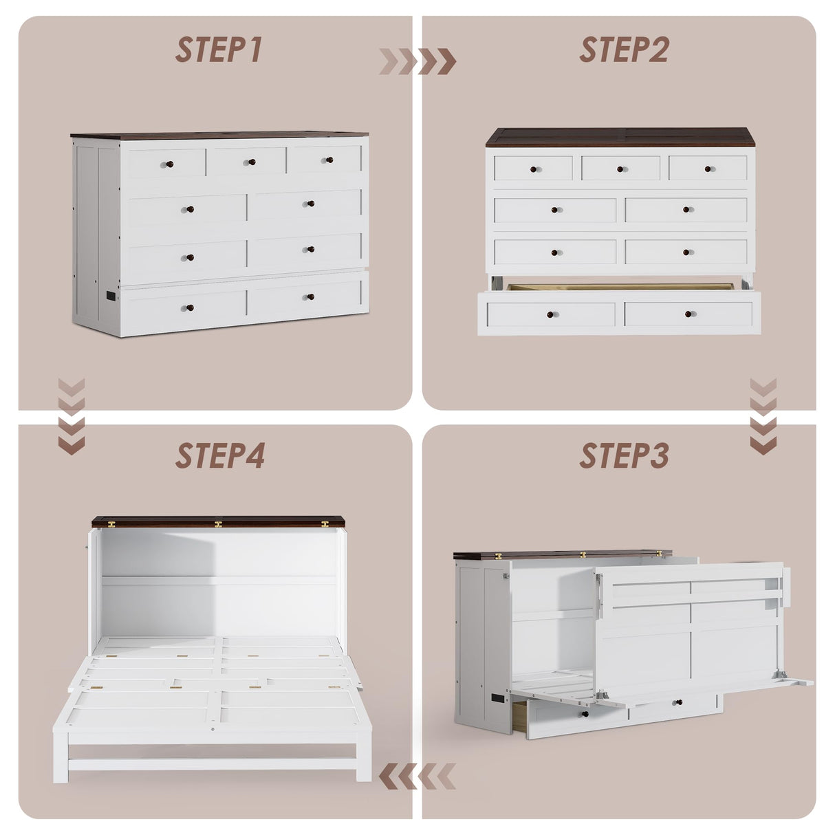 howcool Queen Murphy Bed Cabinet with Charging Station and Large Storage Drawer, Solid Pine Wood Platform Bed Frame, Foldable Cabinet Bed for Home Office, Space Saving Design, White + Walnut howcool