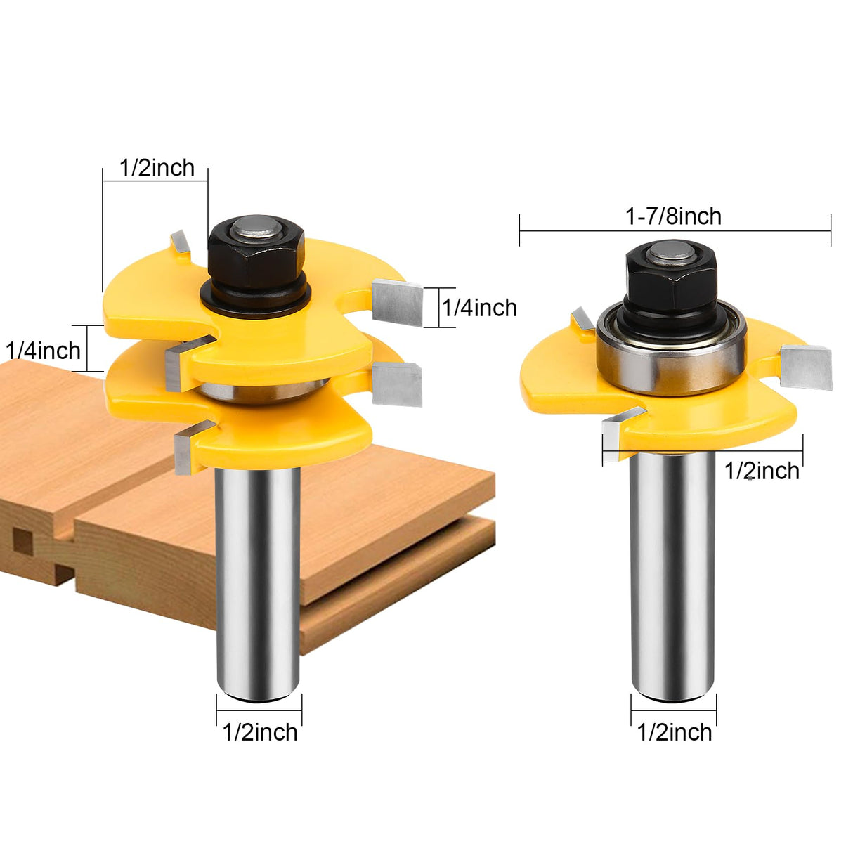 BAIDETS 1/2" Tongue and Groove Router Bits - Set of 2Pcs 1/2 Inch Shank Router Bit Set 3 Teeth Adjustable T Shape Wood Milling Cutter BAIDETS
