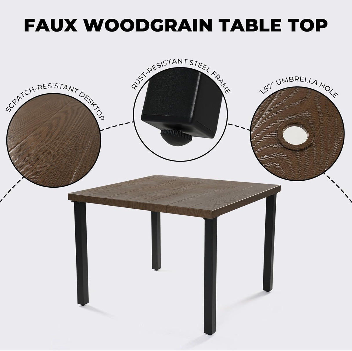 Grand patio 5-Piece Outdoor Dining Set for 4, Metal Woven Wicker Swivel Patio Chairs with Thickened Cushions & 1 Square Woodgrain Dining Table with Umbrella Hole for Backyard Deck (Natural) Grand patio