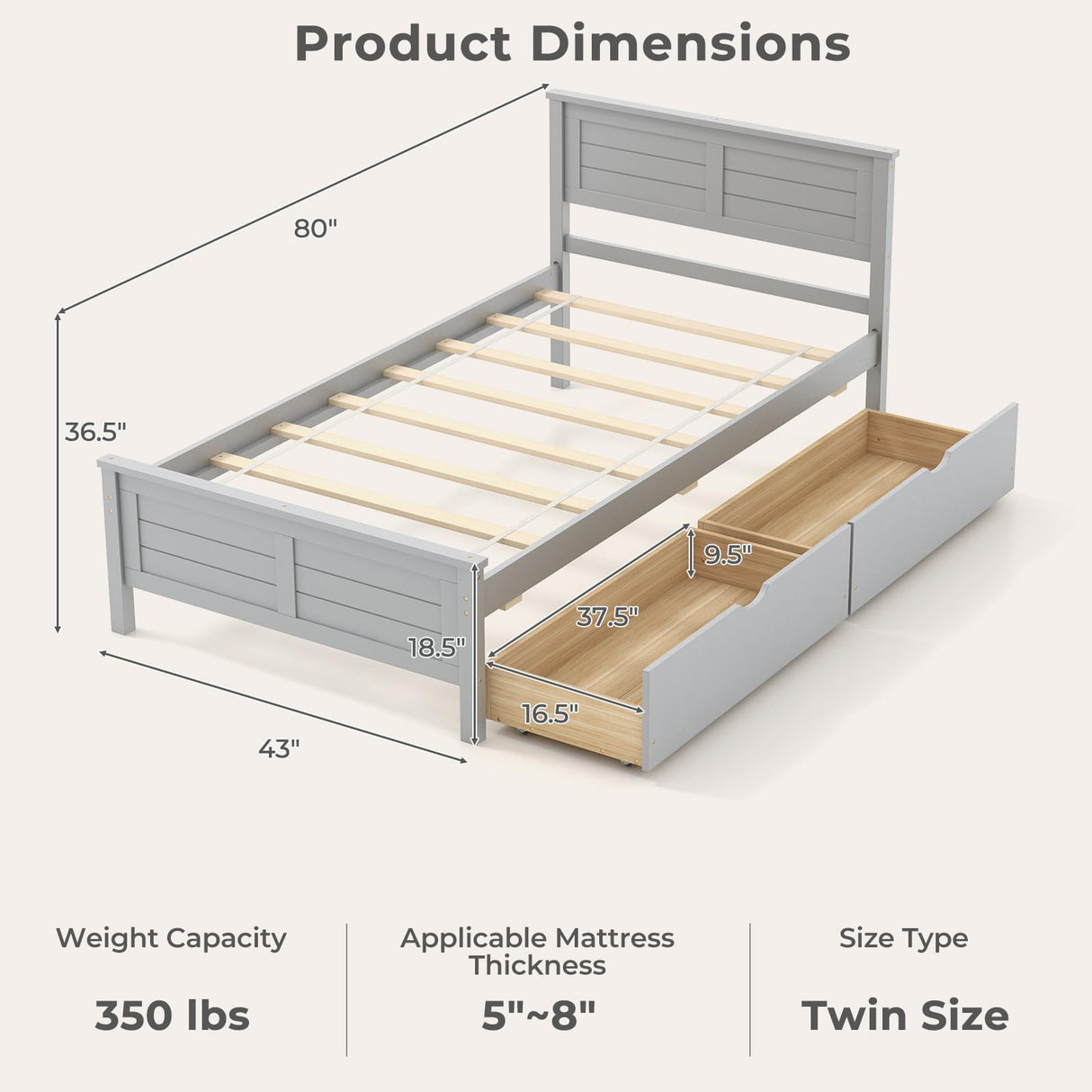 Giantex Grey Twin Platform Bed with 2 Storage Drawers and Solid Wood Headboard Giantex