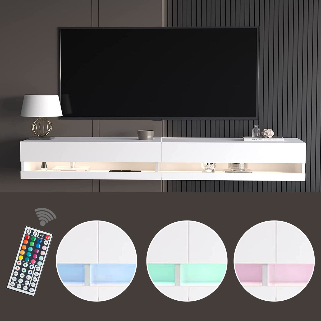 SUSSURRO Floating TV Stand Wall Mounted with LED Lights and Power Outlets, 71'' Modern High Gloss Entertainment Center for 85 inch TVs, Media Console Hanging TV Shelf for Living Room? White SUSSURRO