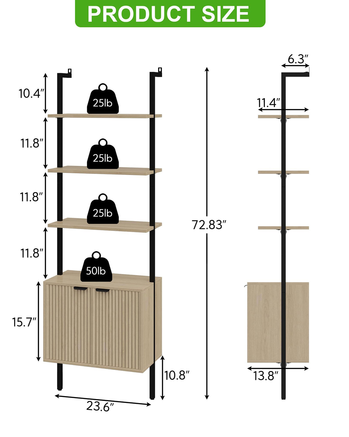 Yusong 73" Tall Bookshelf with Cabinet, Industrial Ladder Wall Mount Shelf Bookcase with Wood and Metal Frame, Plant Shelf Wall Storage Display for Living Room Bedroom, Wavy Light Ivory Yusong