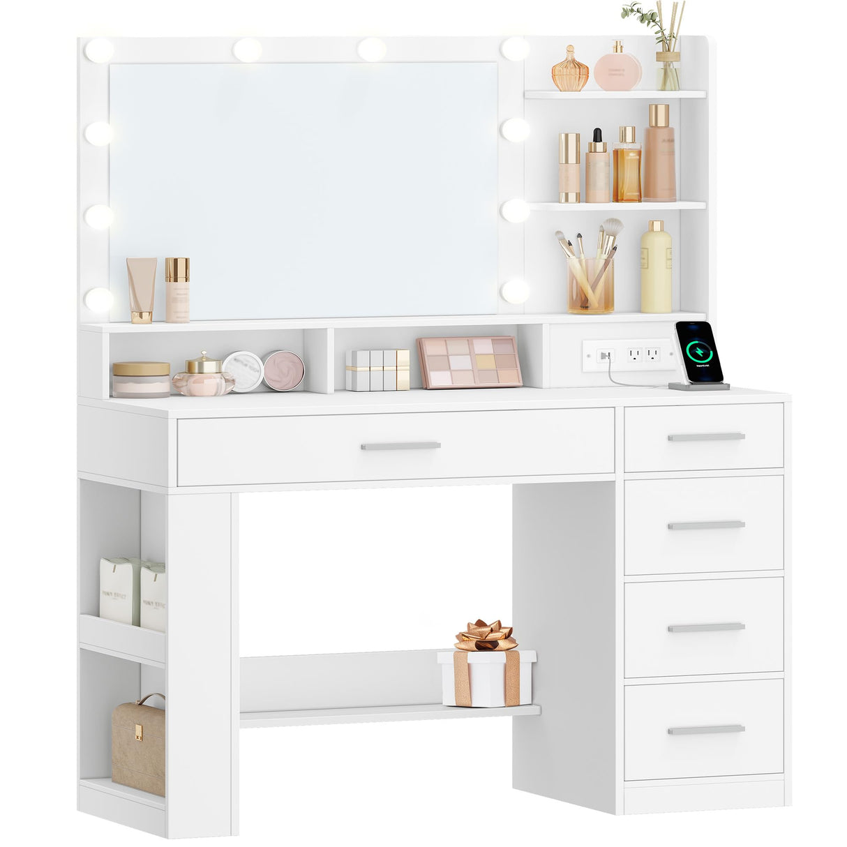 HILINSIE Vanity Desk with Large HD Mirror, Makeup Vanity with Led Lights, Dressing Table with Power Strip, 6 Storage Shelves, 5 Drawers and Side Open Storage, Simple, White HILINSIE