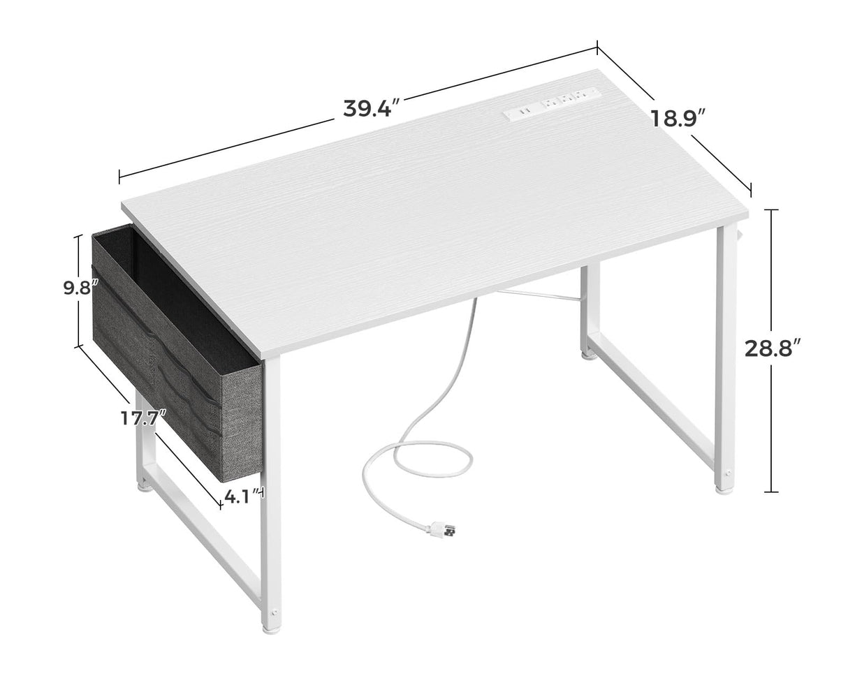 ODK Computer Desk - 40 Inch Office Writing Desk for Home, Student Study Desk with Storage Bag, Headphone Hook & Power Outlets, Modern Simple Table for Bedroom, White ODK
