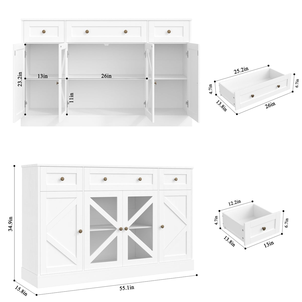 Keyluv Buffet Sideboard 55" Large Storage Cabinet 4 Doors and 3 Drawers, Farmhouse Wooden Coffee Bar Space-Saved Cupboard Furniture for Dining Room, Kitchen, Living Room, White Keyluv