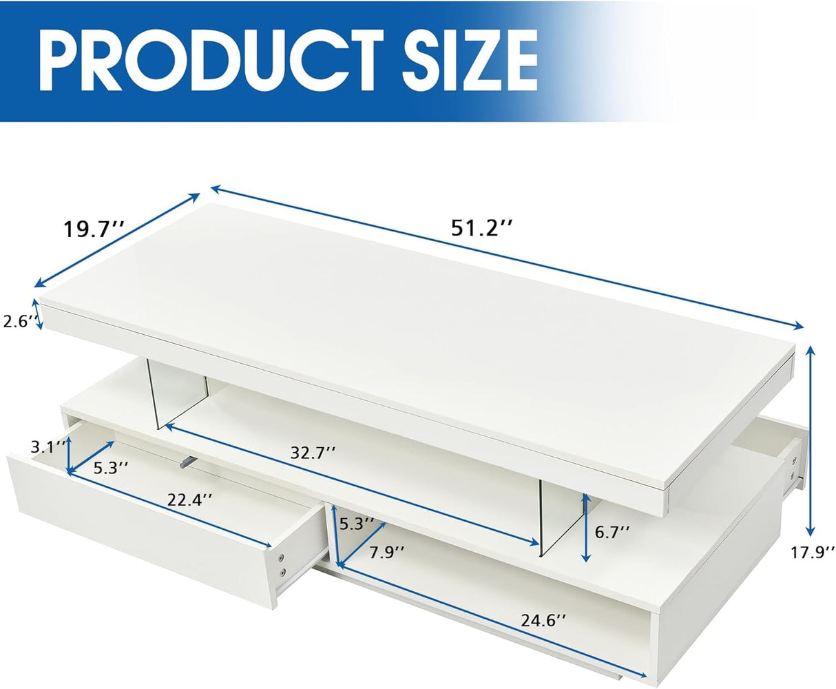 White LED Coffee Table for Living Room, Modern High Glossy Smart Center Table with Storage, 2 Tiers Rectangle Coffee Table with 16 Colors LED Lights & Remote Control for Party Office Home GlowSpark