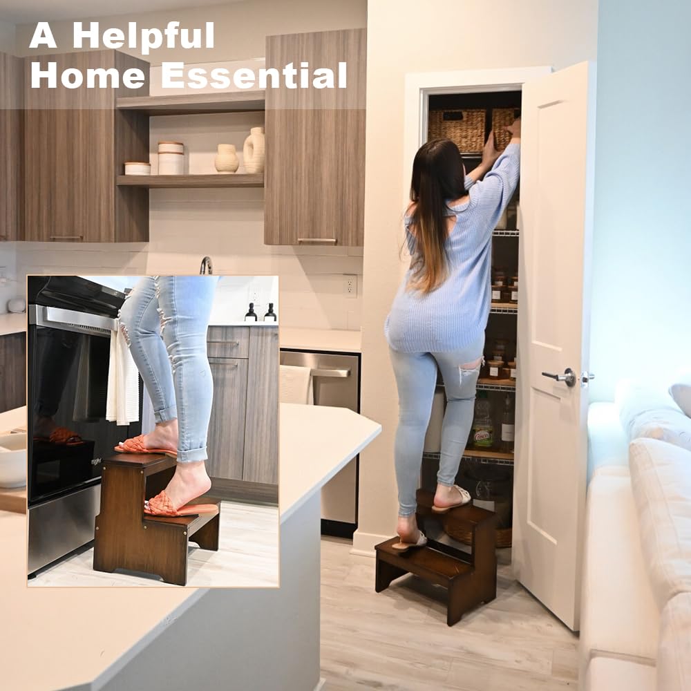 StrongTek Bamboo Two Step Stool for Adults and Kids, Bed Stepstool with Anti-Slip Bottom, Heavy Duty for Kitchen, Bathroom, Bedside Step Stool, Wooden Step Stairs 350 lbs Capacity StrongTek