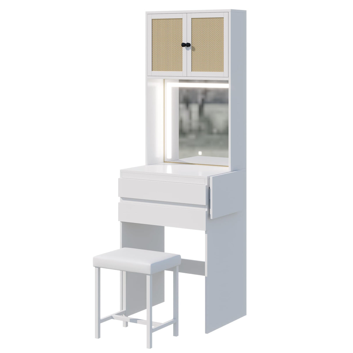Rubikliss White Vanity with Lighted Mirror, Makeup Vanity Desk with Chair, Rattan Cabinet, 2 Drawers, 3 Lighting Modes Brightness Adjustable Small Space Saving Vanity Desk Makeup Table for Women Girls Rubikliss