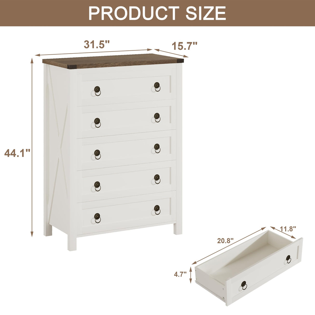 ChooChoo Farmhouse 5 Drawer Dresser, Tall Wood Dresser for Bedroom, Rustic Chest of Drawers, Storage Cabinet with Drawers for Living Room, Entryway, White ChooChoo