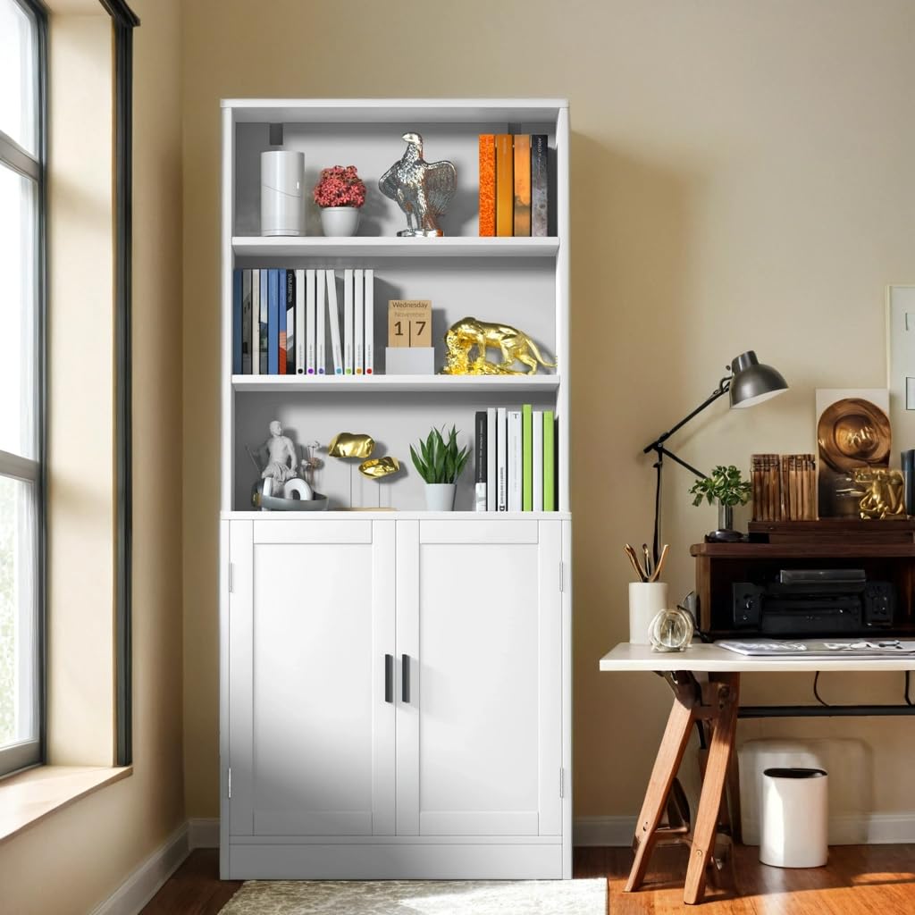 holzart 75" Tall Bookcase with Doors, 5 Tier Large Bookshelf with Cabinet, Standing Wood Display Book Shelf for Living Room, Office, Library with Doors, White holzart