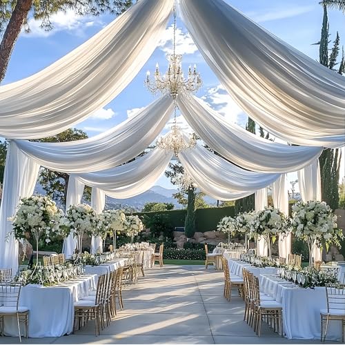 20ftx20ft White Backdrop Ceiling Drapes,4Panels 20ft Height Wrinkle Free Tent Draping Curtains, Fabric Drapery Ceiling Drapes for Wedding Ceremony Birthday Theme Parties with Rod Pocket Outpain