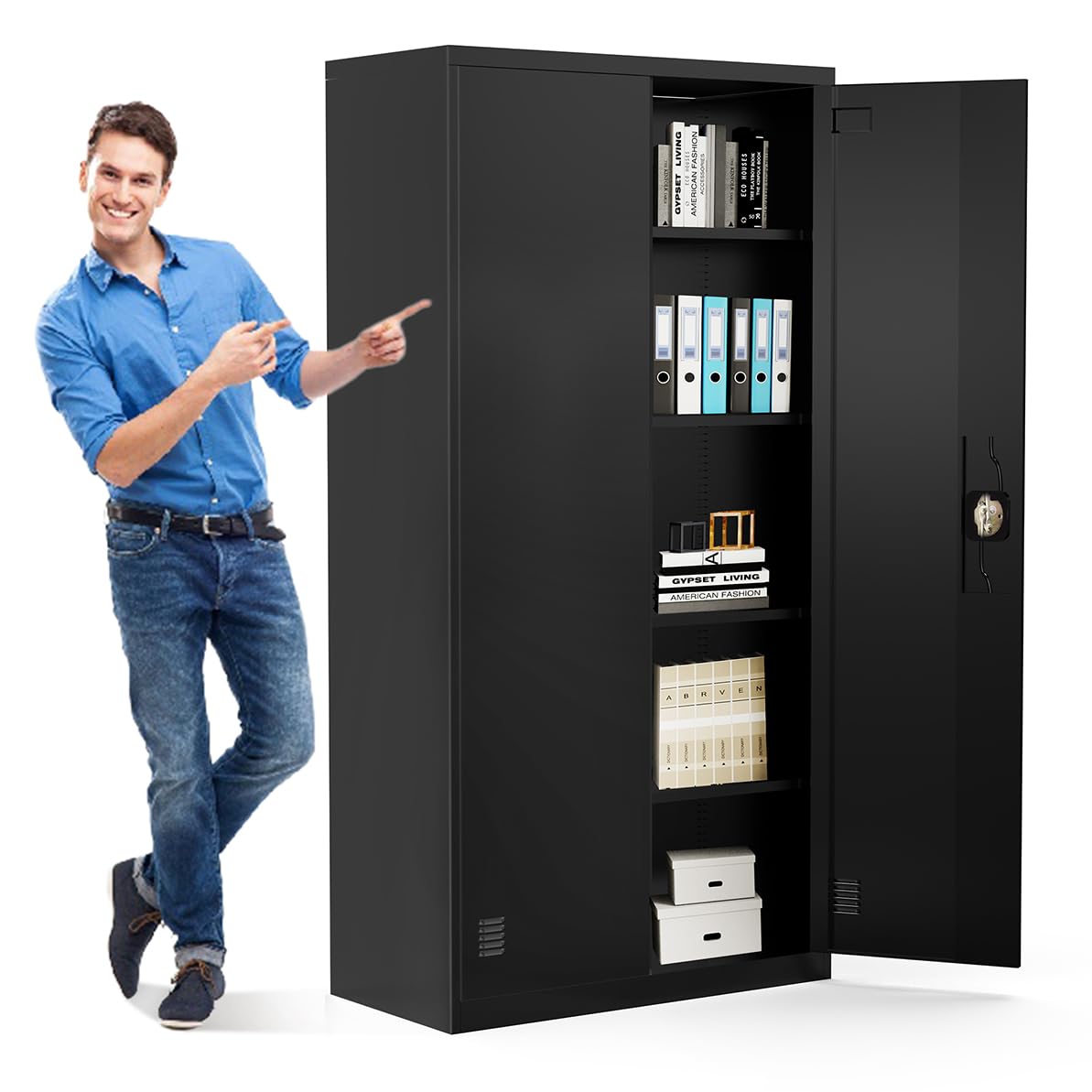 EazeHome Metal Garage Storage Cabinet, 72" Tall Steel File Cabinet with 2 Lockable Doors and Adjustable Shelves, Heavy Duty Tool Cabinet for Garages, Offices, Kitchens, Gyms, Black EazeHome