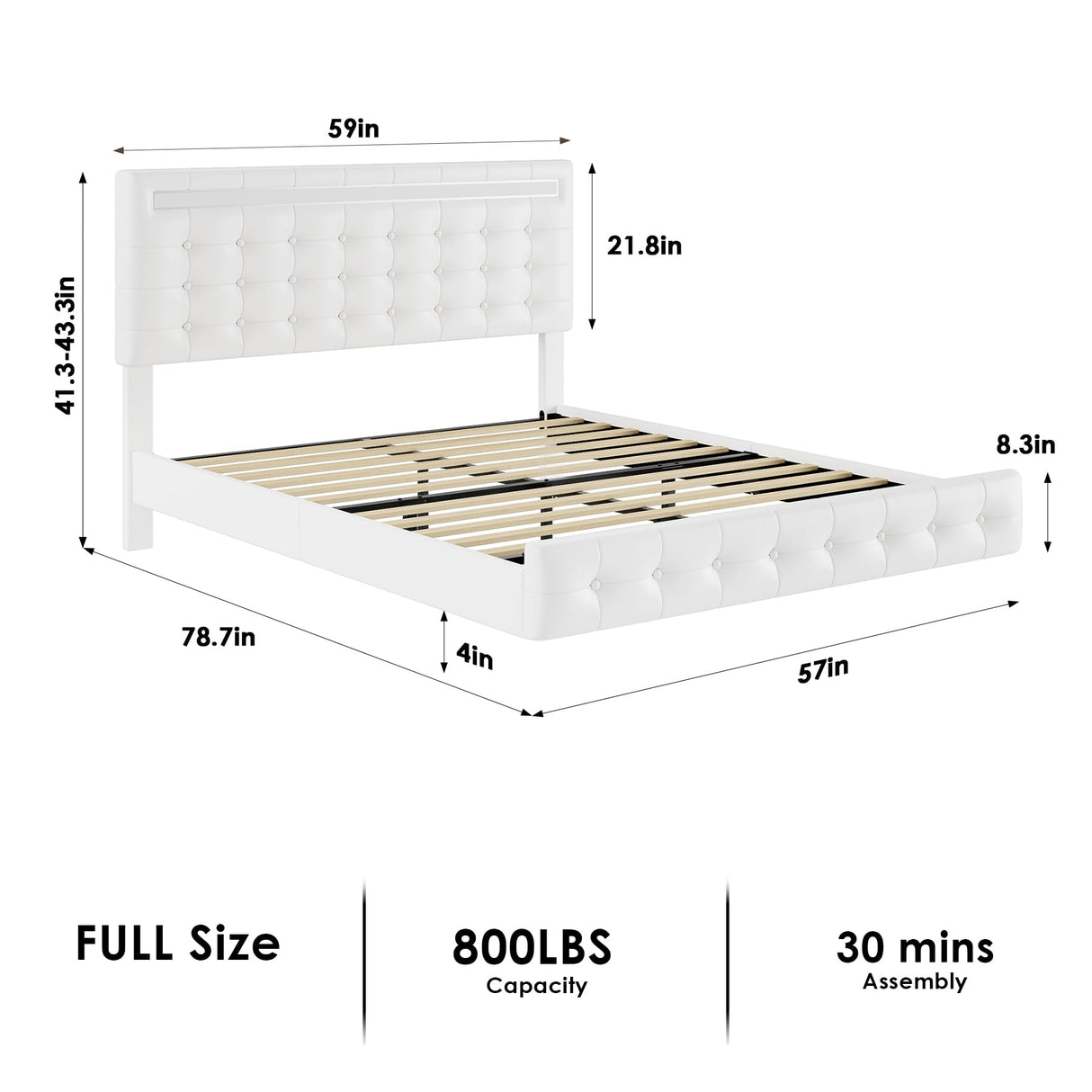 Keyluv Modern Floating Bed Frame with Adjustable LED Lights and Upholstered Leather Headboard - White Keyluv