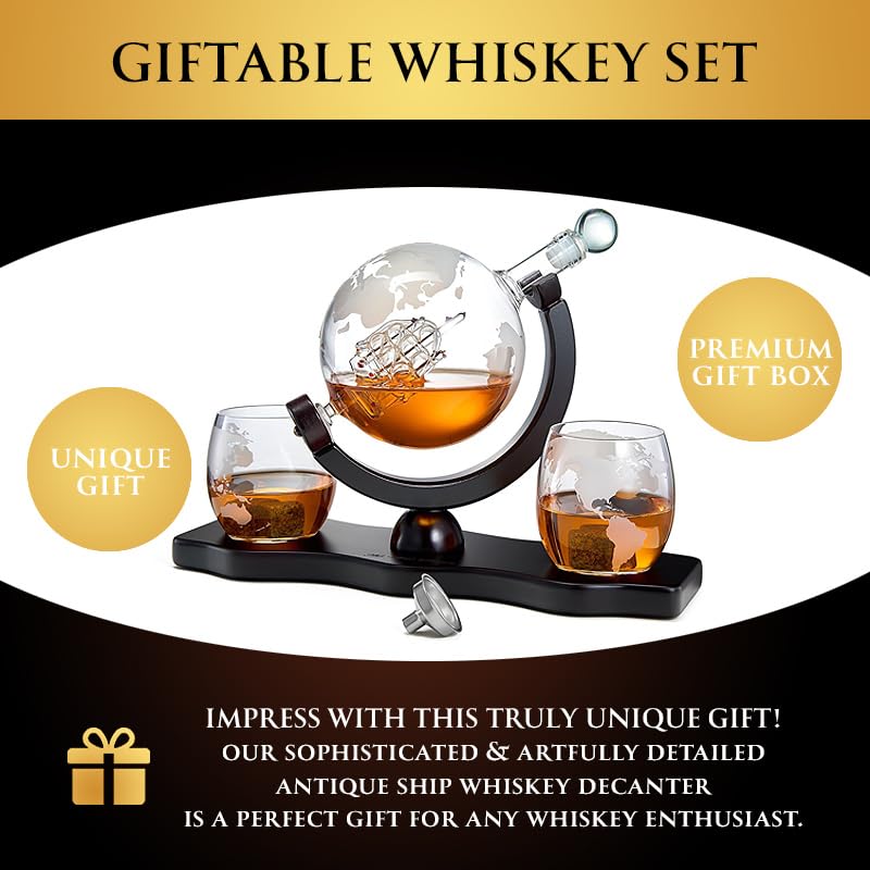 Whiskey Decanter Globe Set with 2 Etched Whiskey Glasses - Gifts for Men Dad, Anniversary Birthday House Warming for Liquor Scotch Bourbon Vodka Gift for Him Husband - 850ml Ship Decanters The Wine Savant