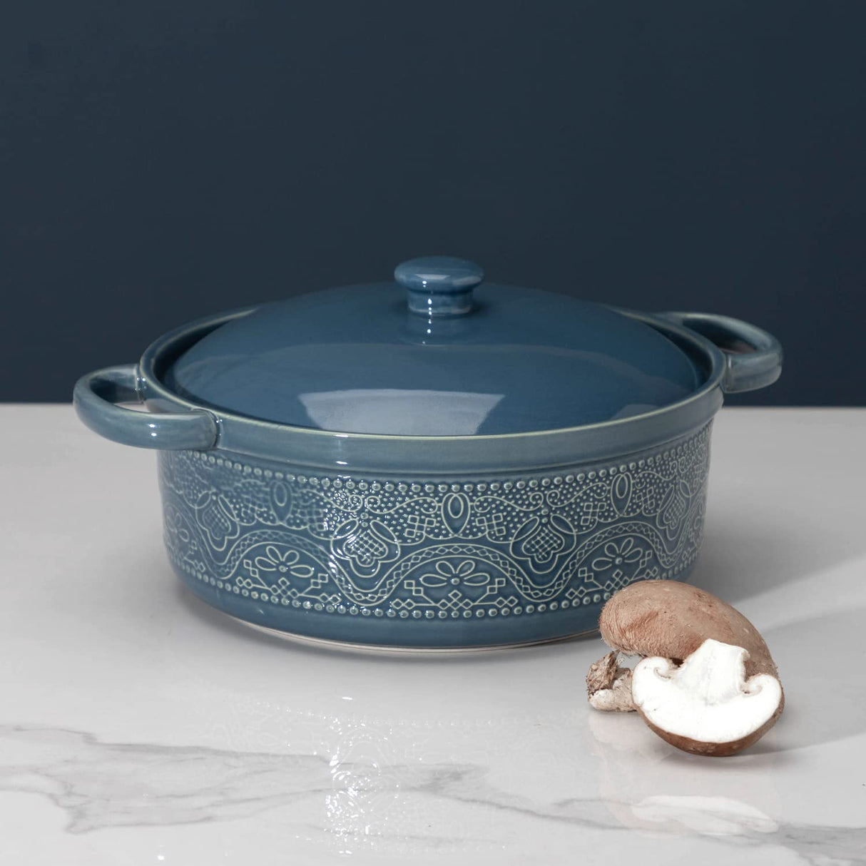 FUN ELEMENTS Lace Emboss Casserole Dish with Lid, 2 Quart Oven to Table Ceramic Round Serving Dish with Handles for Dinner and Party, Thanksgiving Christmas Gifts(Grayish Blue) FE FUN ELEMENTS