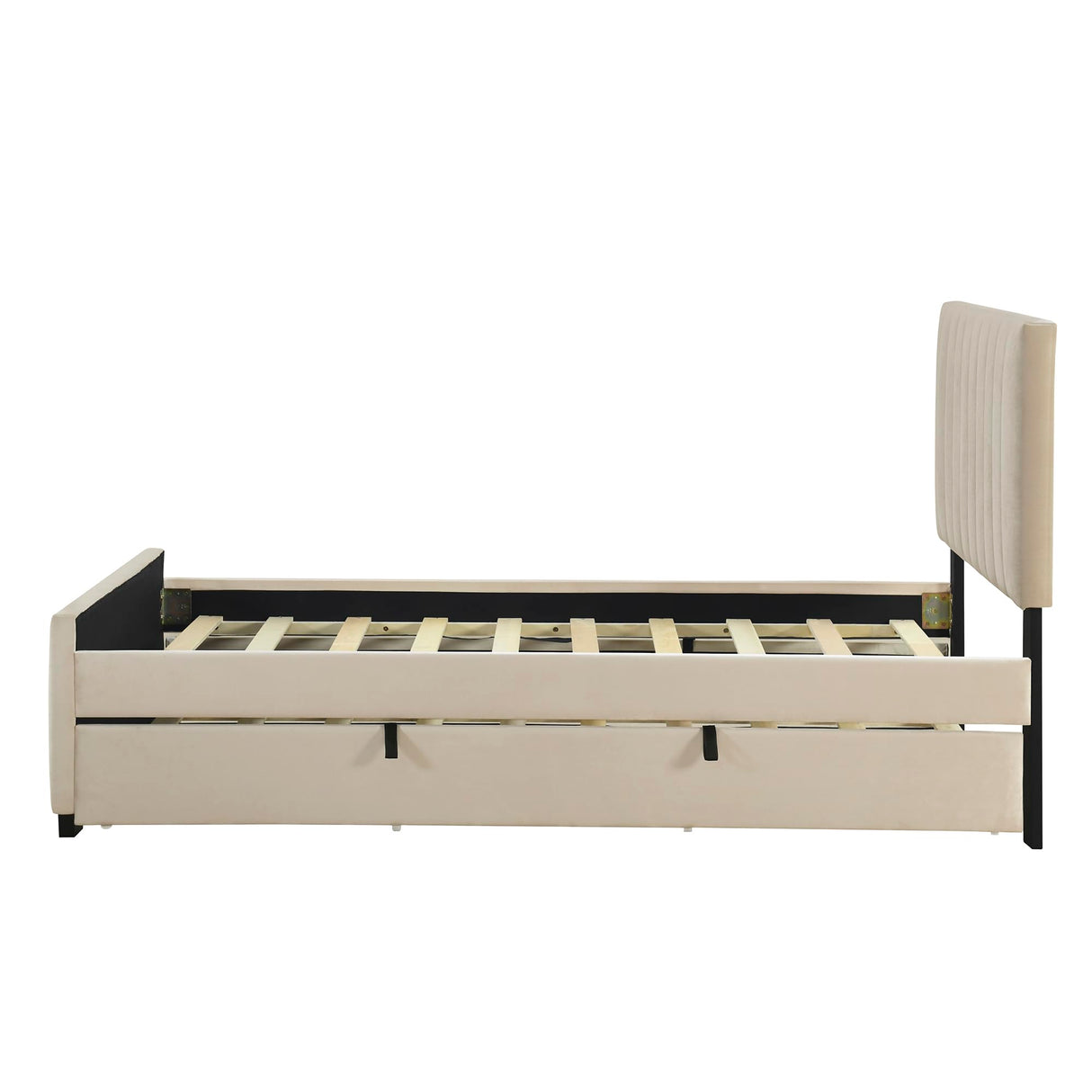 Merax Twin Size Velvet Upholstered Platform Bed, Wood Bed Frame with Twin Size Trundle, Beige Merax